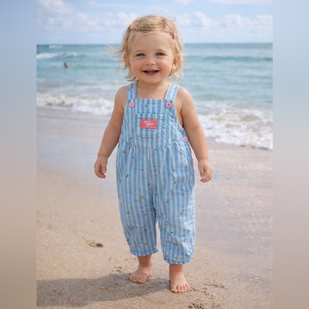 VINTAGE OSHKOSH BABY B’GOSH (Made in USA) Floral Stripe Denim Bubble Overalls
